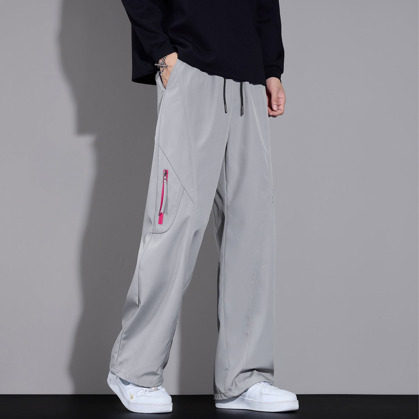 Men's Wide Cargo Pants with Drawstring and Zipper Pockets Chichicherry