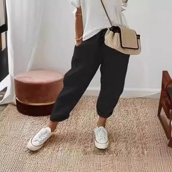 Women's linen jogger pants with drawstring, loose tapered fit and rolled hems Chichicherry