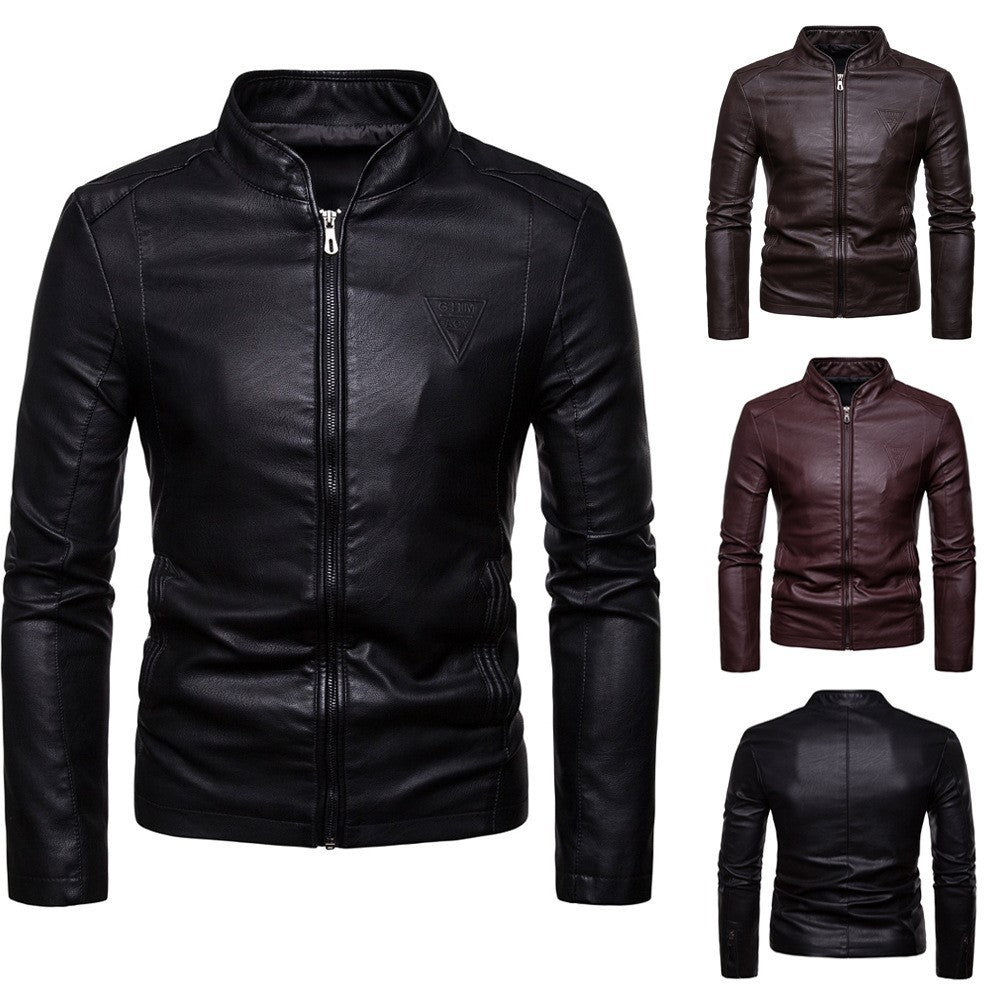 Men's Slim-Fit Faux Leather Jacket in Biker Style with Stand Collar and Front Zipper Chichicherry