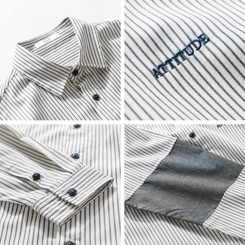 Men's Long Sleeve Shirt with Fine Pinstripes, Contrast Elbows and Rounded Hem Chichicherry