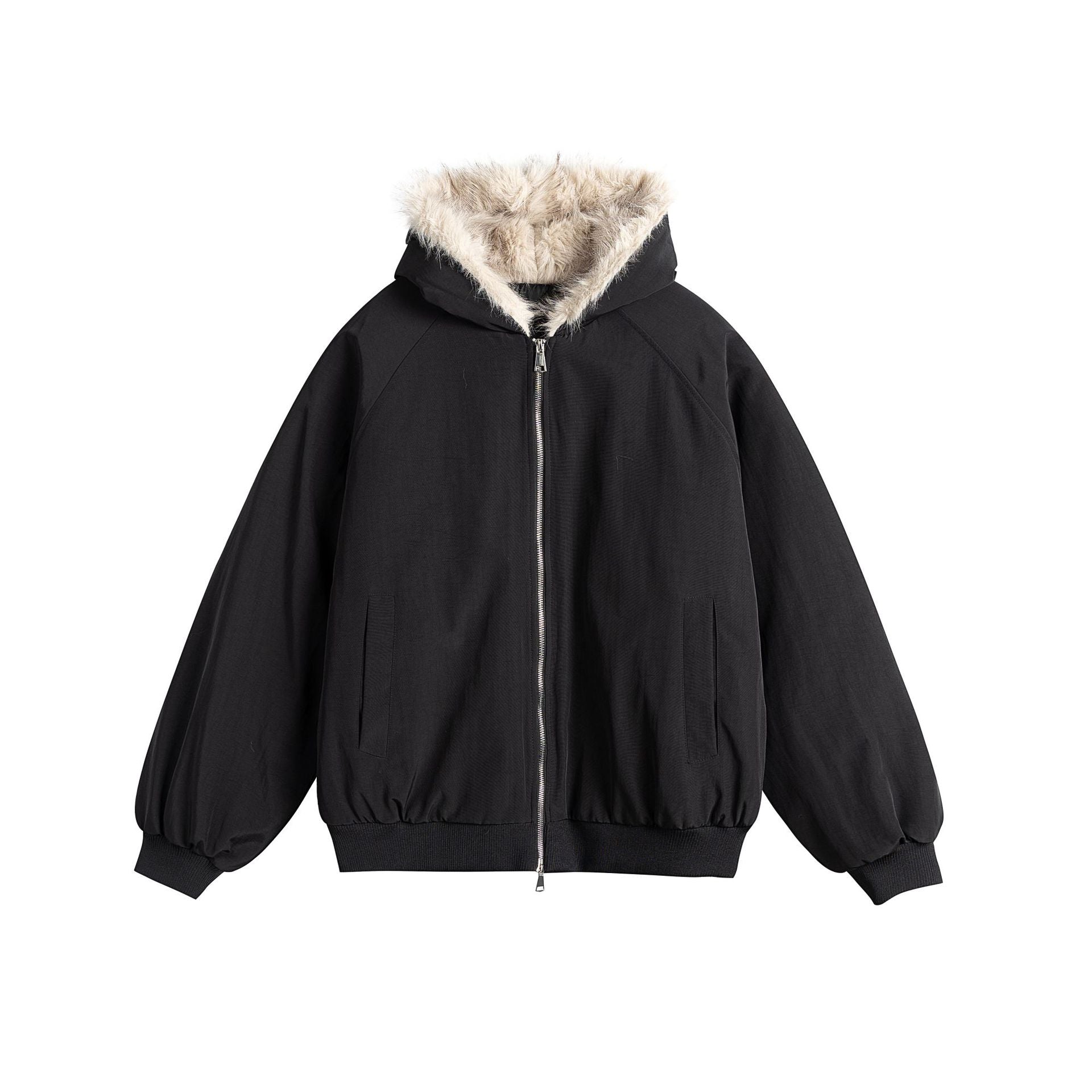 Women Oversized Bomber Jacket with Faux Fur Lined Hood and Raglan Sleeves Chichicherry
