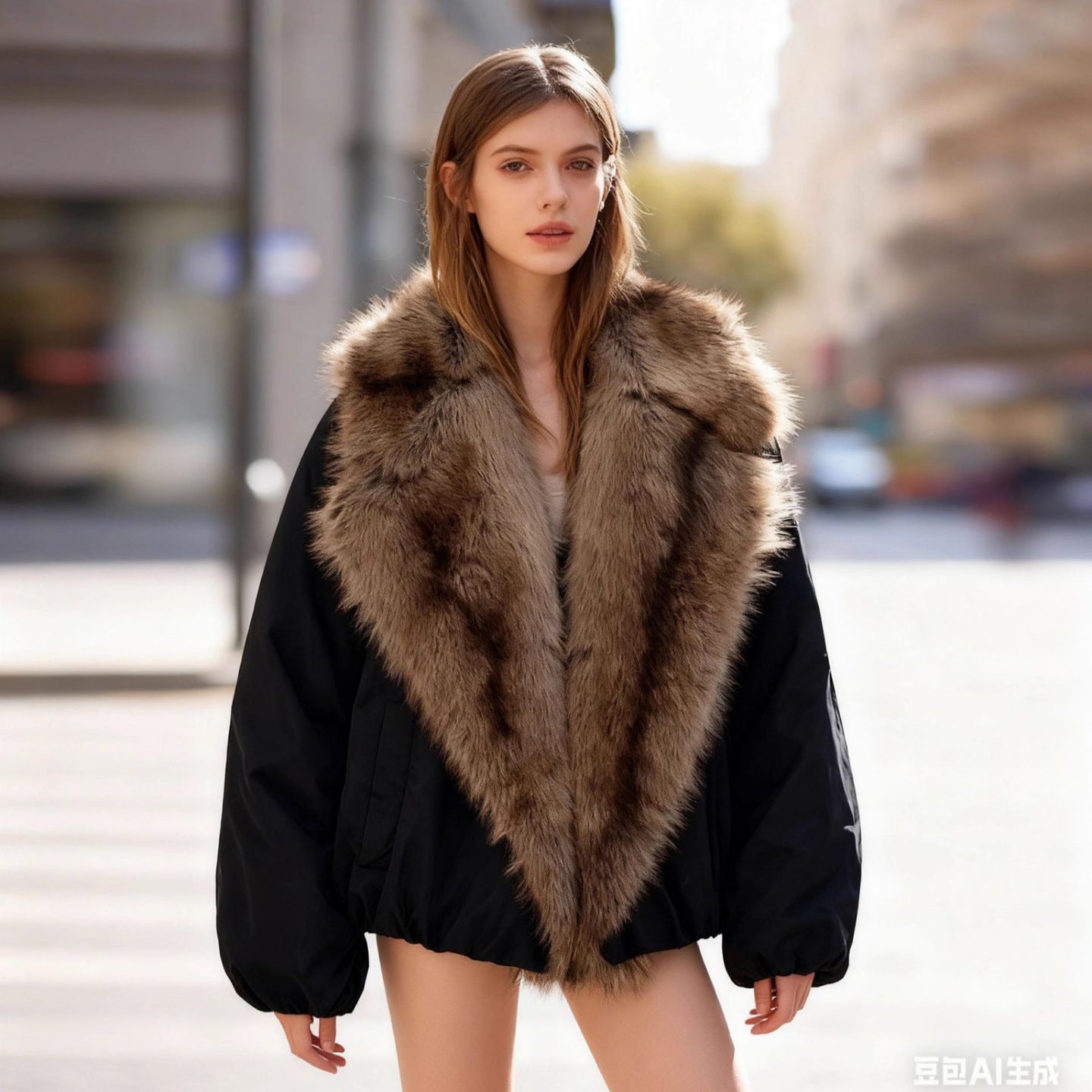 Ladies Short Quilted Bomber Jacket with Voluminous Faux Fur Shawl Collar Chichicherry