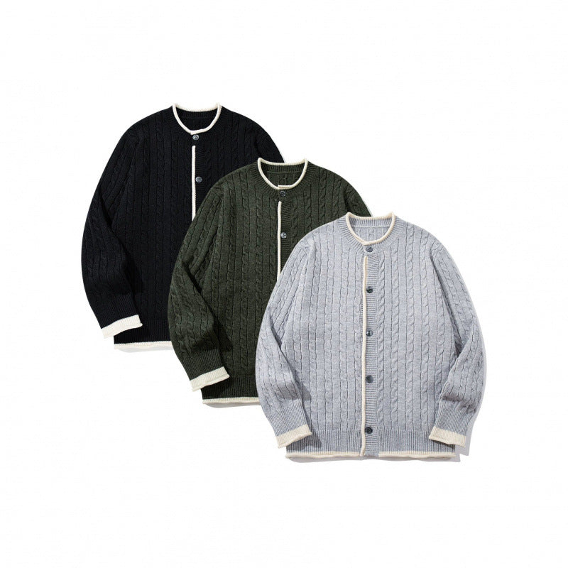 Unisex fine knit cardigan with cable pattern, round neck and contrast trim Chichicherry