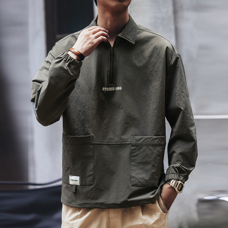 Herren Utility-Halbzip-Pullover mit Hemdkragen und Kängurutaschen Chichicherry