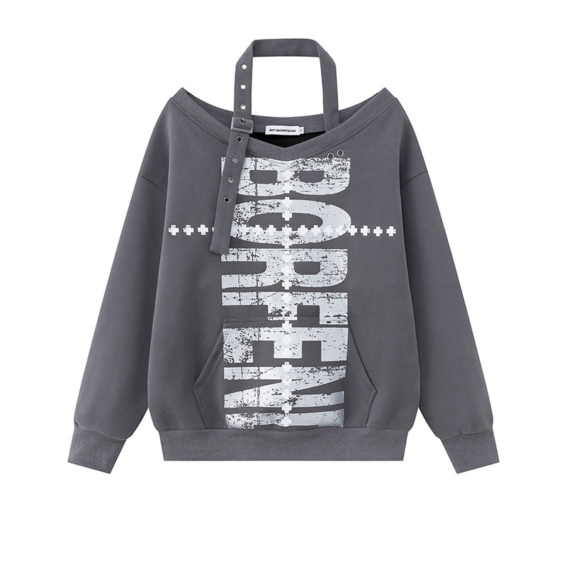 Women's cotton blend sweater with removable neck strap, kangaroo pocket and distressed logo print Chichicherry