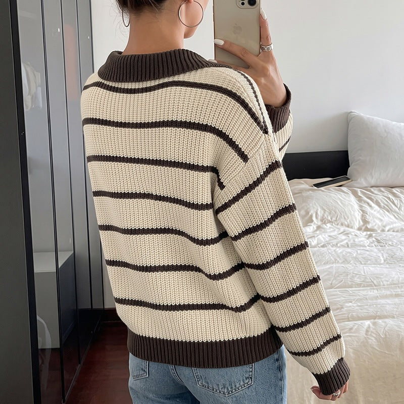 Women's Striped Knit Polo Sweater with Contrast Collar and Loose Oversize Fit Chichicherry
