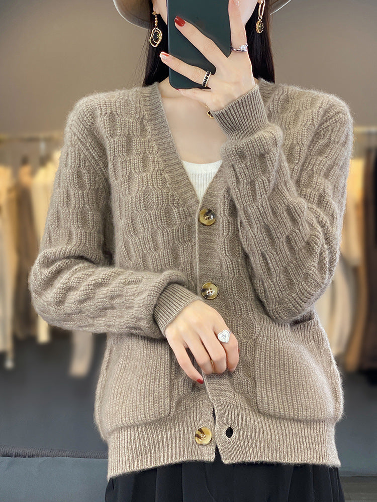 Women's Soft Angora-Look Cable Knit Cardigan with V-Neck and Patch Pockets Chichicherry