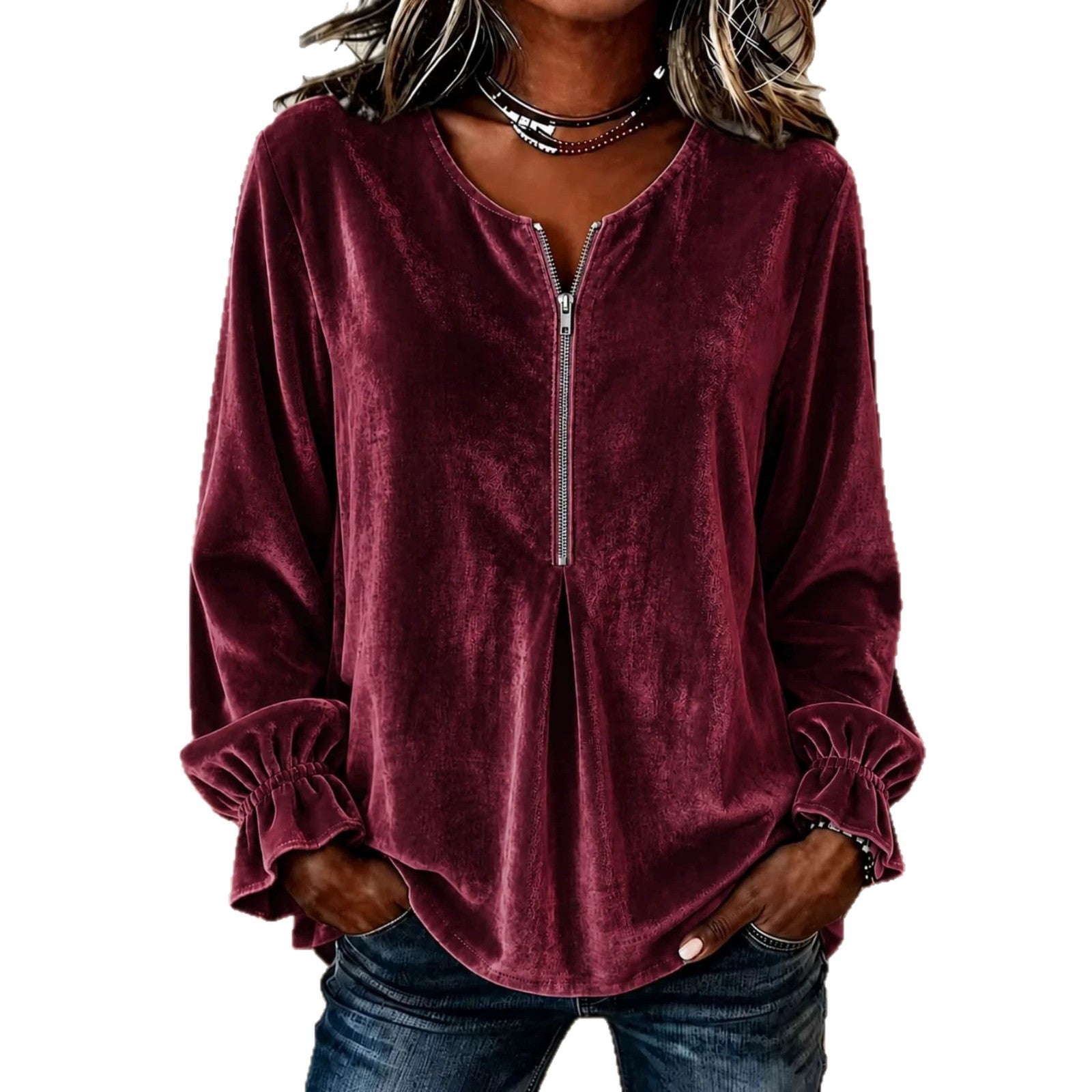 Women’s velvet blouse with half zip, ruffle cuffs, and A-line cut Chichicherry