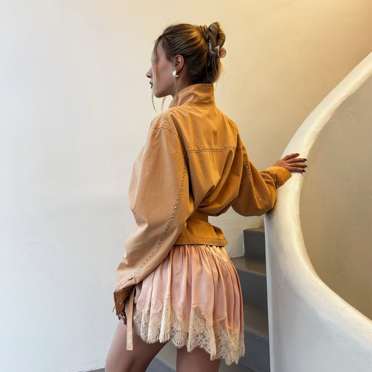Women's satin lace mini skirt with luxurious shine and delicate lace trim Chichicherry