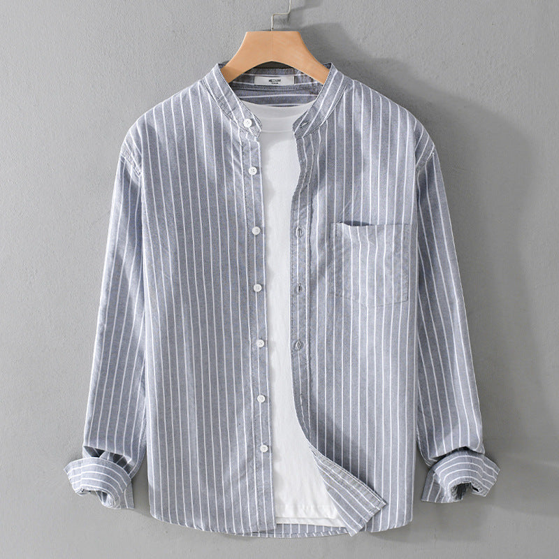 Men's Lightweight Stand Collar Long Sleeve Shirt made of Cotton Blend with Fine Pinstripe and Chest Pocket Chichicherry