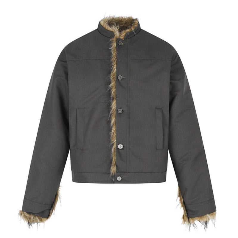 Women's Short Jacket with Faux Fur Lining, Stand-Up Collar and Concealed Button Placket Chichicherry
