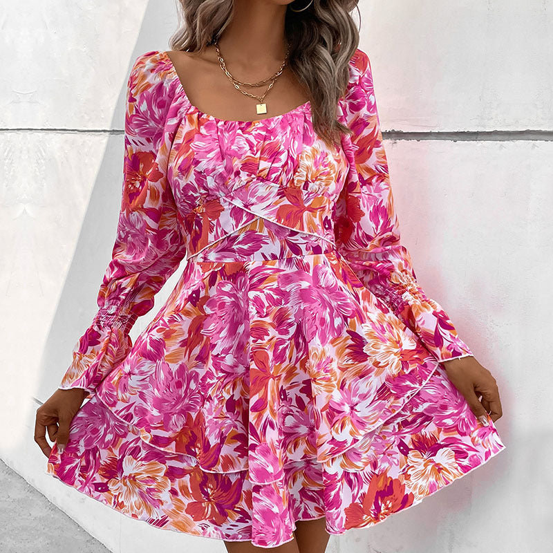 Women’s Floral Ruffled Skater Dress with Bardot Neckline, Waist Seam & Flounce Layers
