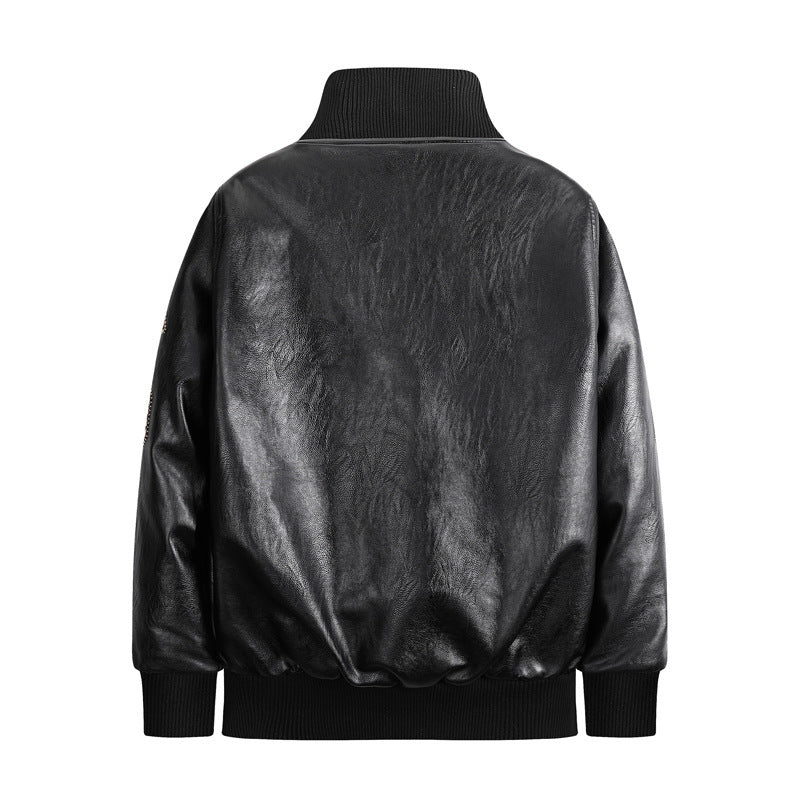 Men's Faux Leather Bomber Jacket in Vintage Utility Style with Patches and Ribbed Cuffs Chichicherry