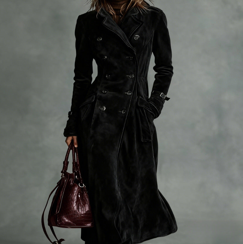 Women Longer Tailored Trench Coat in Suede Look with Double-Breasted Button Placket and Buckle Cuffs Chichicherry