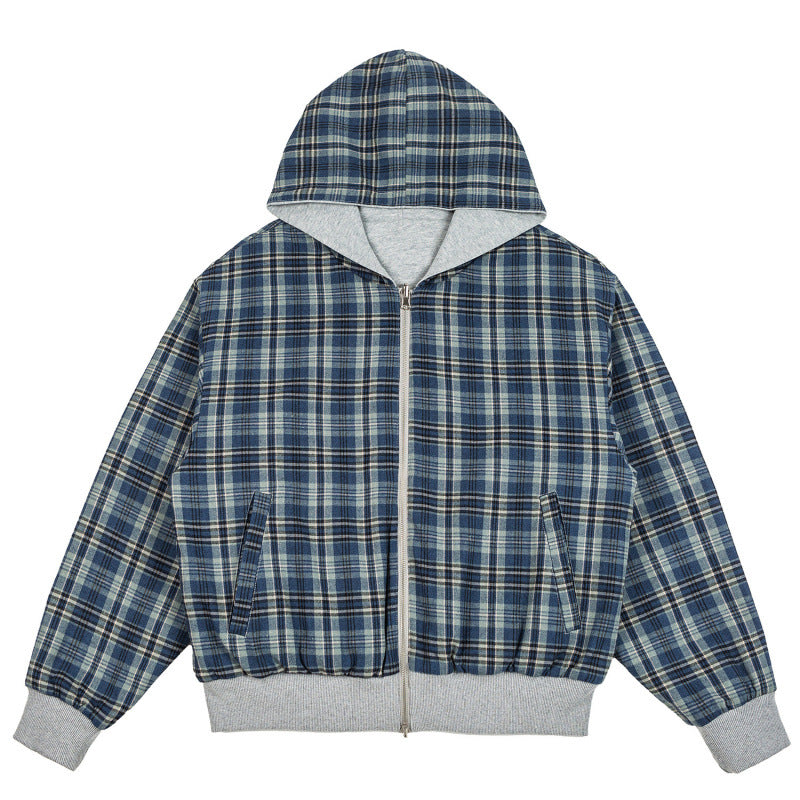 Unisex Padded Hoodie Bomber Jacket with Checkered Flannel Lining and Sturdy Zipper Chichicherry