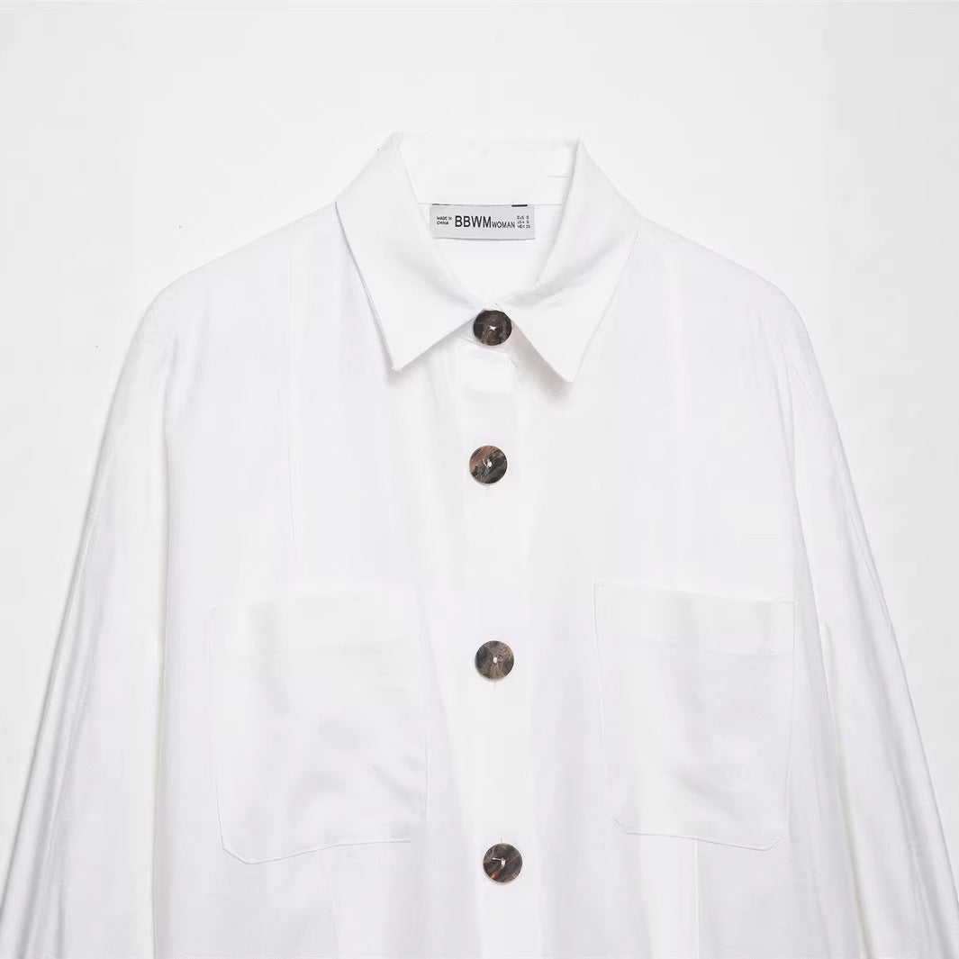 Women's Oversized Shirt Jacket with Three-Quarter Kimono Sleeves and Patch Pockets Chichicherry