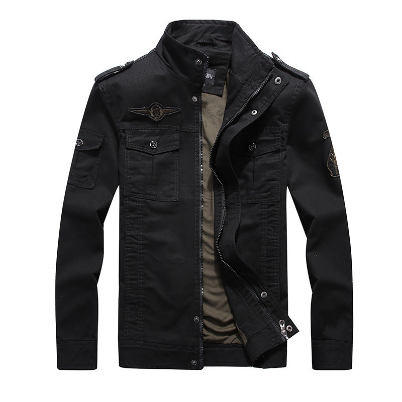 Men's lightweight canvas military jacket with stand-up collar, epaulets, and multiple flap pockets Chichicherry