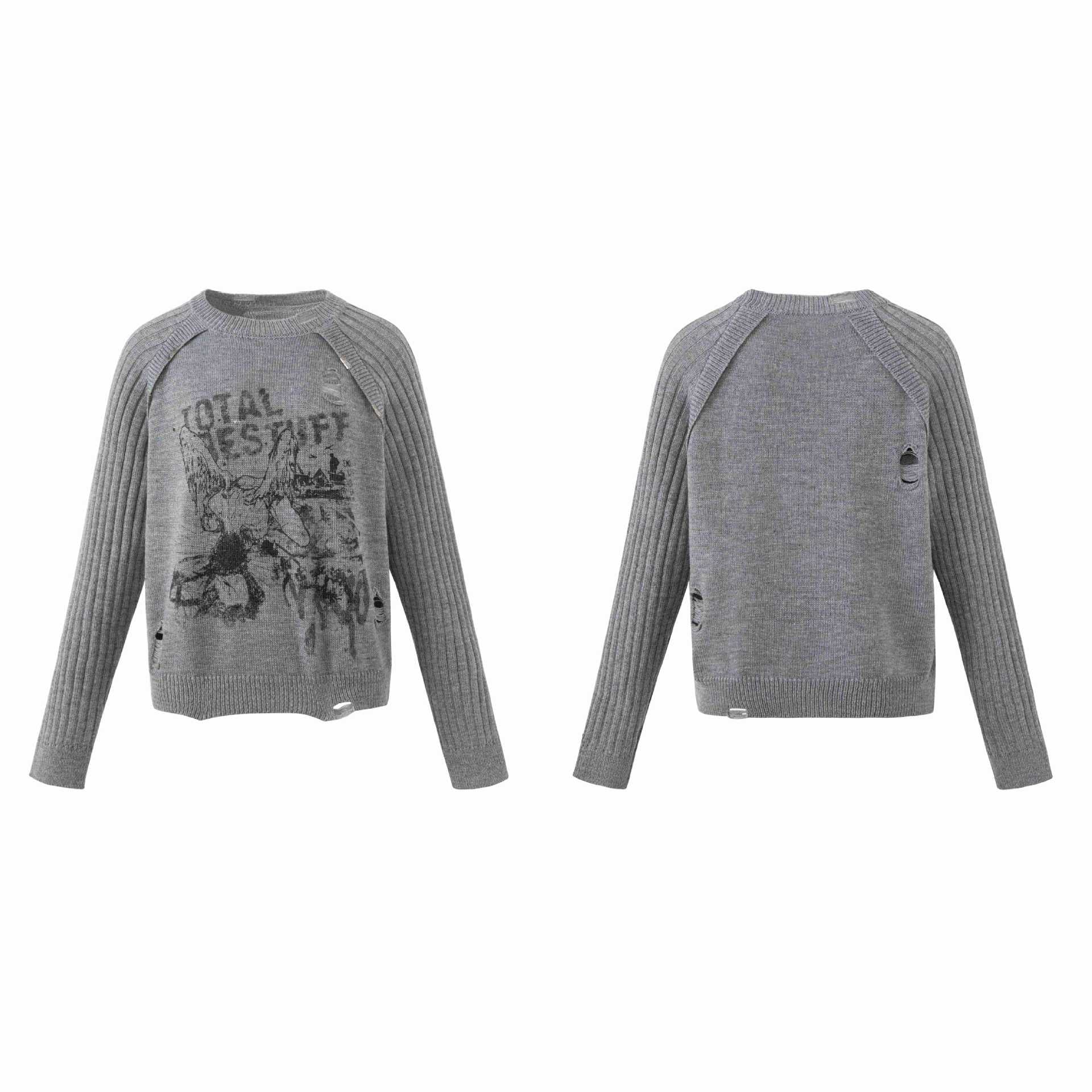 Women Chunky Knit Distressed Raglan Sweater with Retro Graphic Print Chichicherry