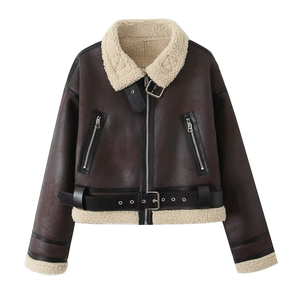 Women's Short Aviator Jacket in Leather Look with Teddy Lining, Zipper Pockets, and Waist Belt Chichicherry