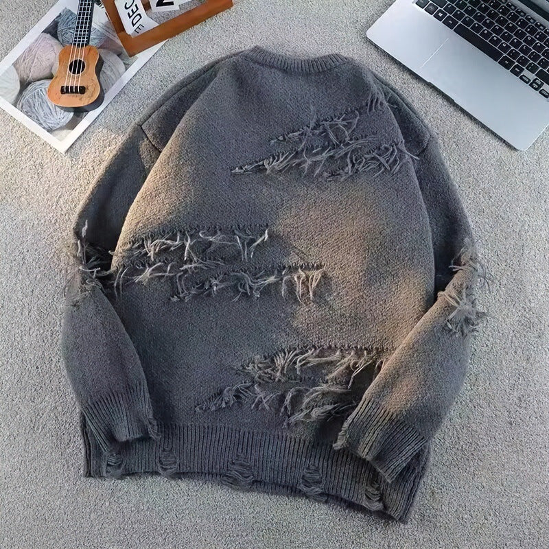 Unisex Oversized Rundhalspullover mit Destroy‑Fransen und geripptem Kragen Chichicherry
