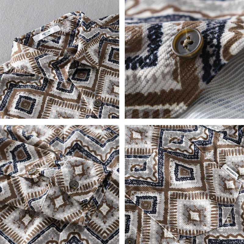 Men's Patterned Overshirt in Relaxed Fit with Geometric Diamond Print and Chest Pocket Chichicherry