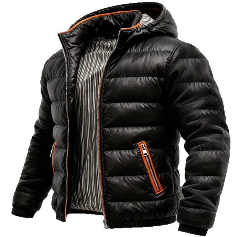 Men's Shiny Quilted Hooded Jacket with Thermo Padding and Striped Lining Chichicherry