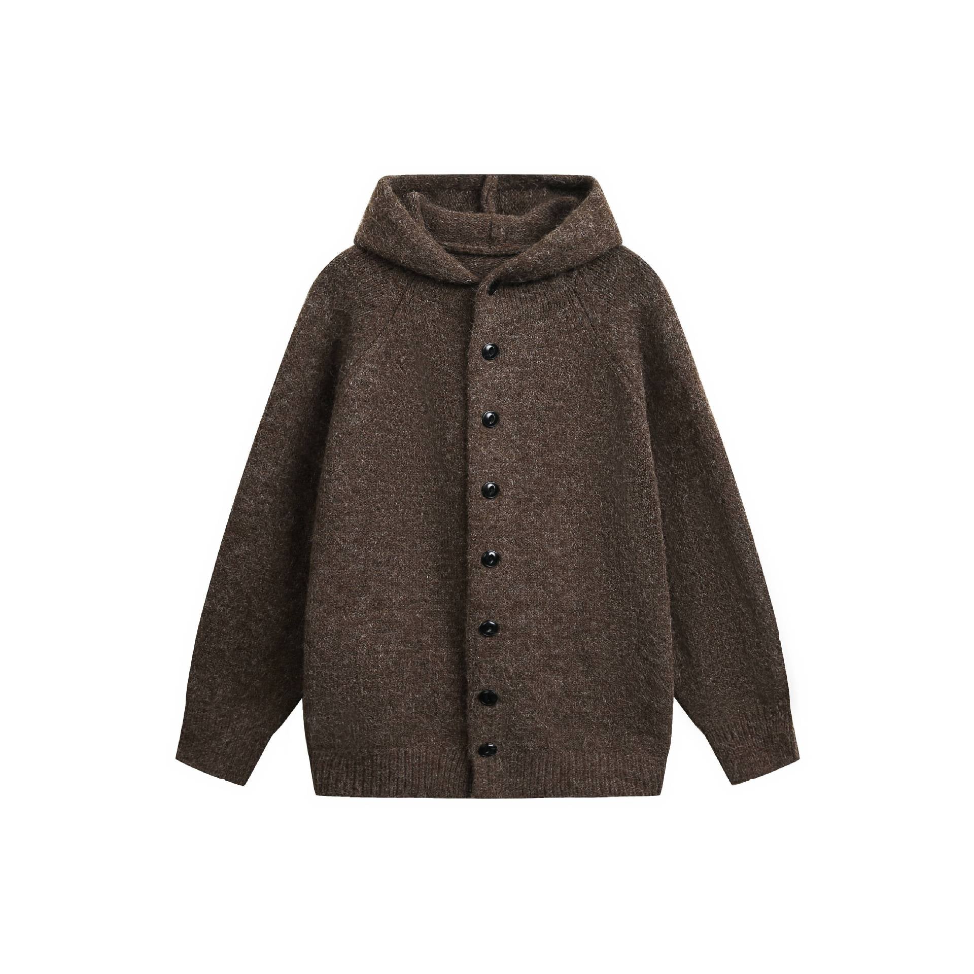 Women's Wool Blend Cape Cardigan with Hood, Button Placket and Raglan Sleeves Chichicherry