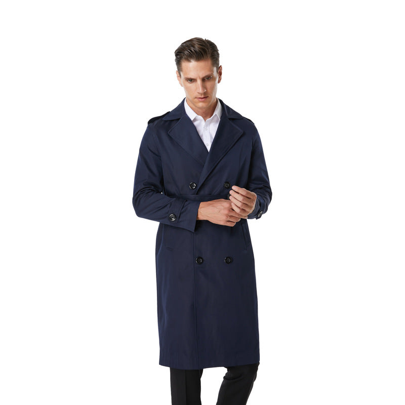 Men's Knee-Length Trench Coat in Classic Double-Breasted with Shoulder Straps and Waist Belt Chichicherry