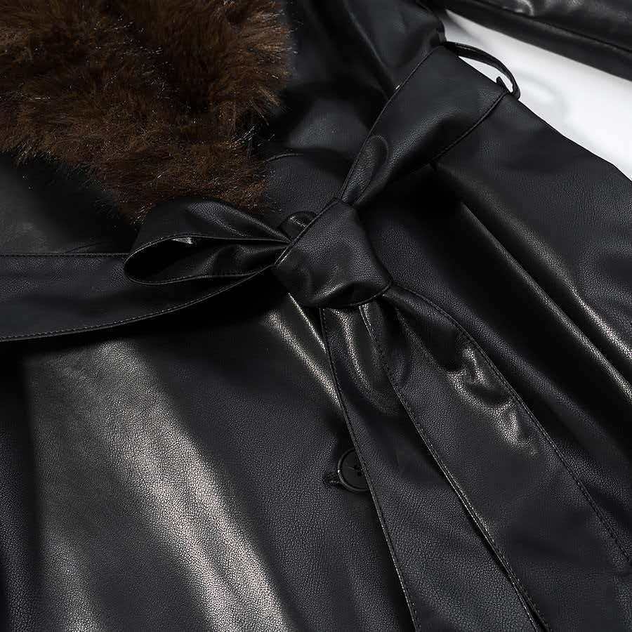 Women Long Leather Coat with Removable Fur Collar and Minimalist Silhouette Chichicherry