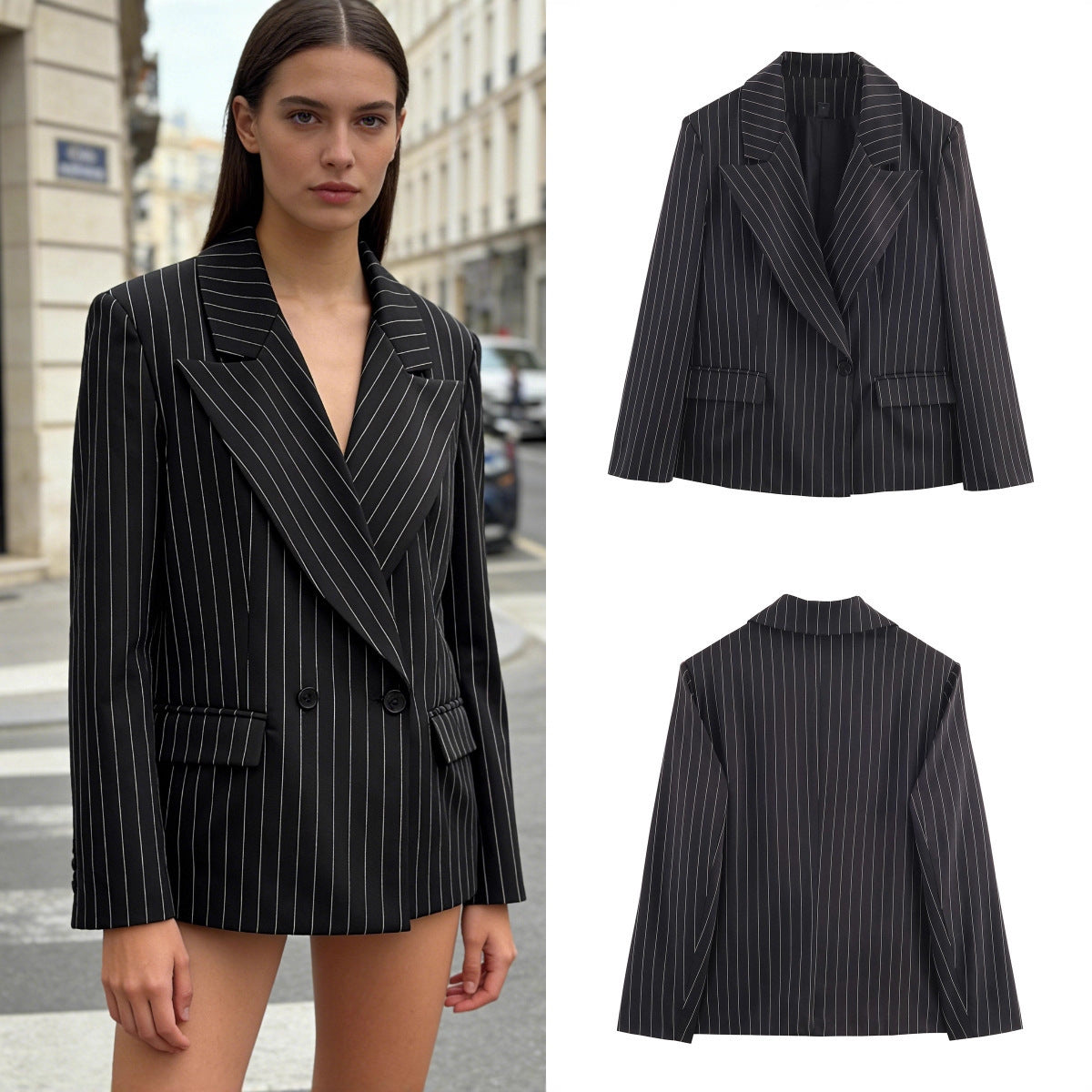 Ladies pinstriped blazer with wide lapels, single-button closure, and flap pockets Chichicherry