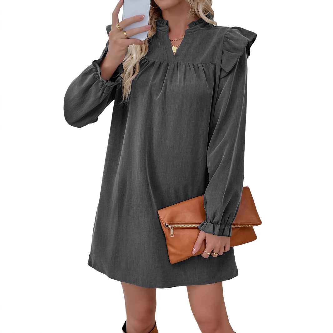 Women's Ruffle Shirt Dress with Gathered Yoke, Stand Collar, and Elastic Cuffs Chichicherry