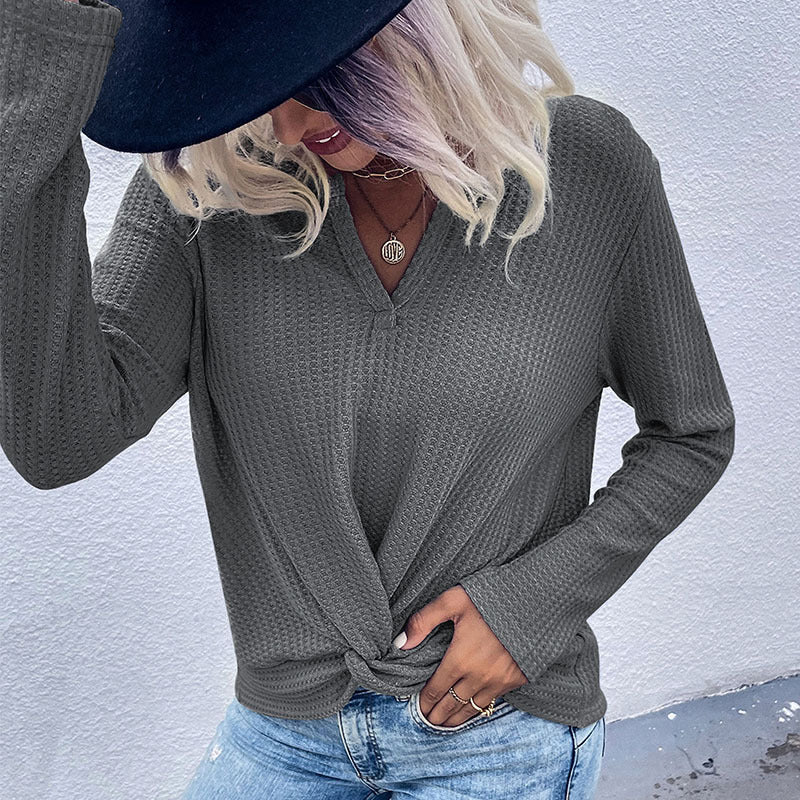 Women Waffle Knit Long Sleeve with V-neck and Knot Front Chichicherry