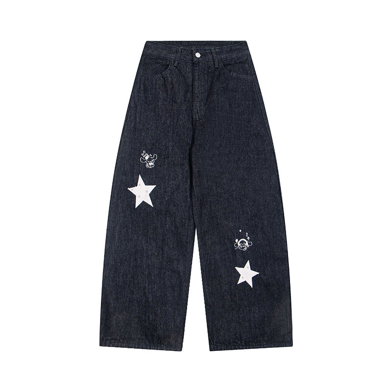 Women Wide Denim Palazzo Jeans with High Waist, Star Applications and Illustrative Patches Chichicherry