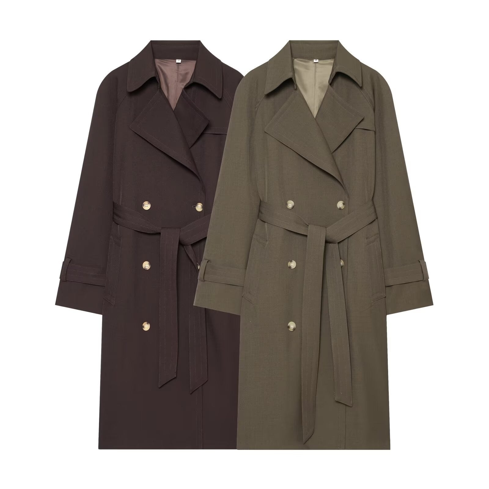 Women Long Double-Breasted Trench Coat with Waist Belt and Raglan Sleeves Chichicherry