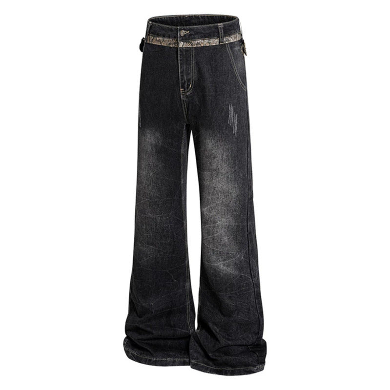 Women's High Waisted Flared Jeans with Adjustable Hip Straps and Vintage Wash Chichicherry