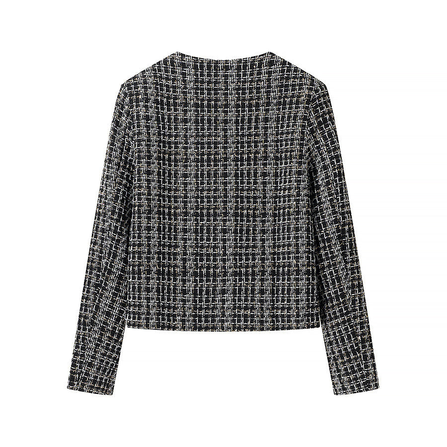 Women's Boucle Tweed Jacket with Round Neckline, Gold Decorative Buttons and Patch Pockets Chichicherry