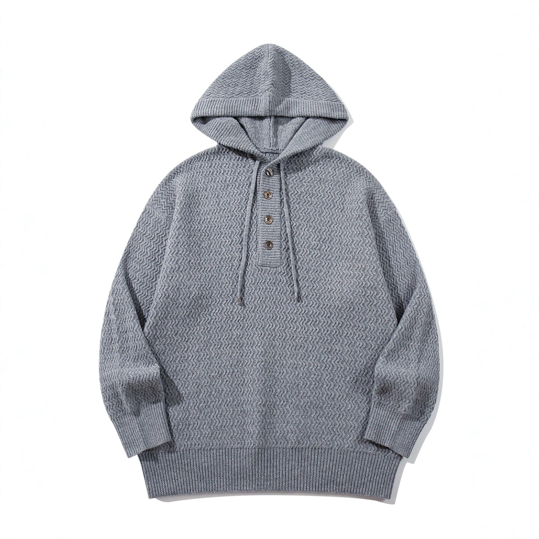 Unisex Structured Hooded Knit Sweater with Henley Button Placket Chichicherry