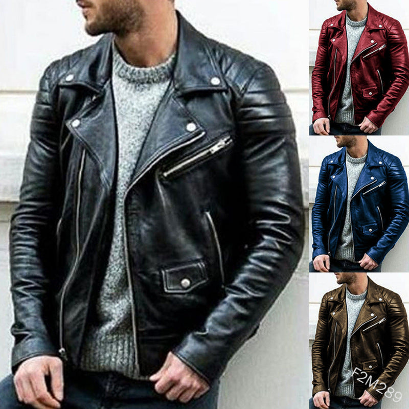 Men's Biker Leather Jacket with Asymmetrical Zipper and Quilted Shoulder Area Chichicherry