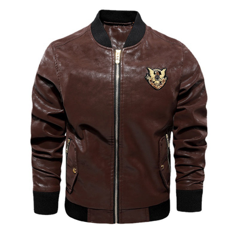 Men's Faux Leather Bomber Jacket in Aviator Style with Emblem Application Chichicherry