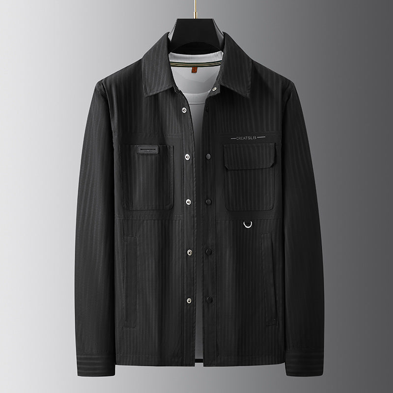 Men's utility transitional jacket in overshirt style with patch pockets and pinstripe texture Chichicherry