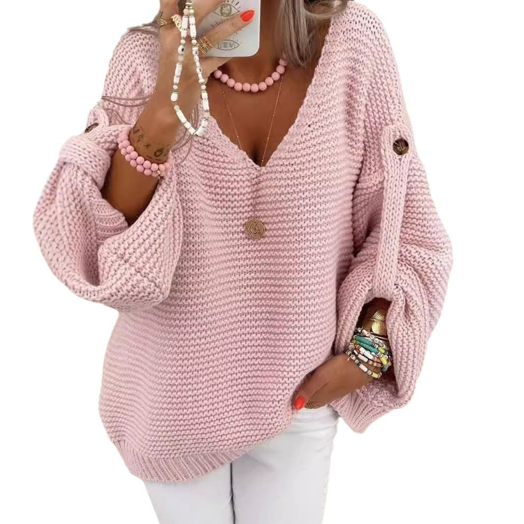Women loose knit sweater with V-neck, balloon sleeves and button detail Chichicherry
