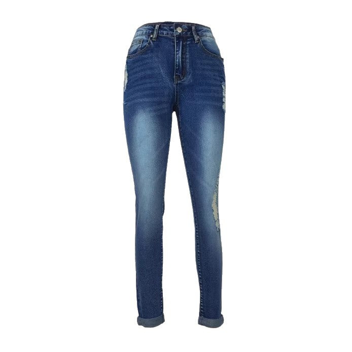 Women's Cropped Slim-Fit Denim Pants with mid-rise waist, cuffed hem and subtle used look Chichicherry