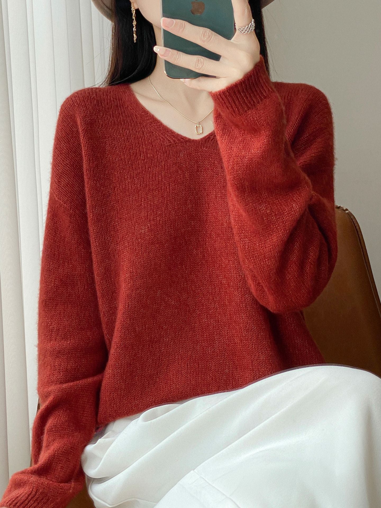 Women Oversized Fine Knit Sweater with Fine V-Neck and Extended Sleeve Ends Chichicherry