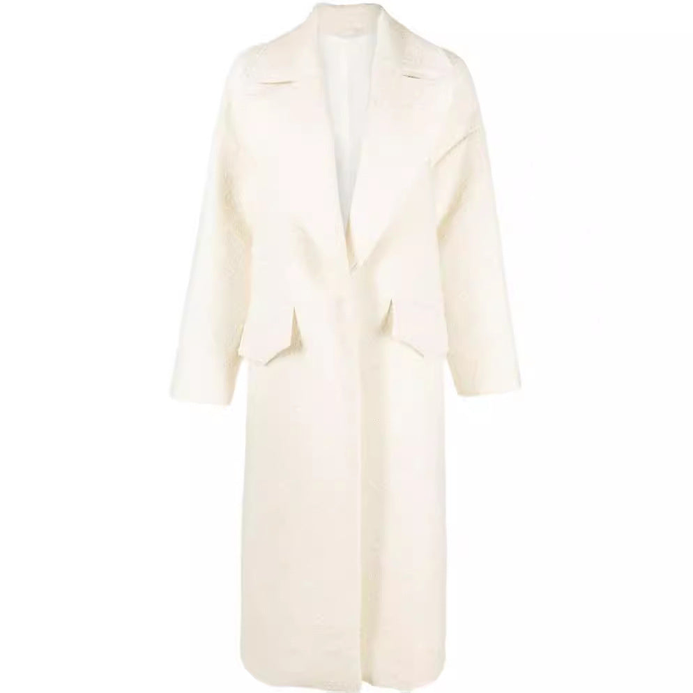 Women's Long Boucle Coat with Boxy Silhouette and Flap Pockets Chichicherry