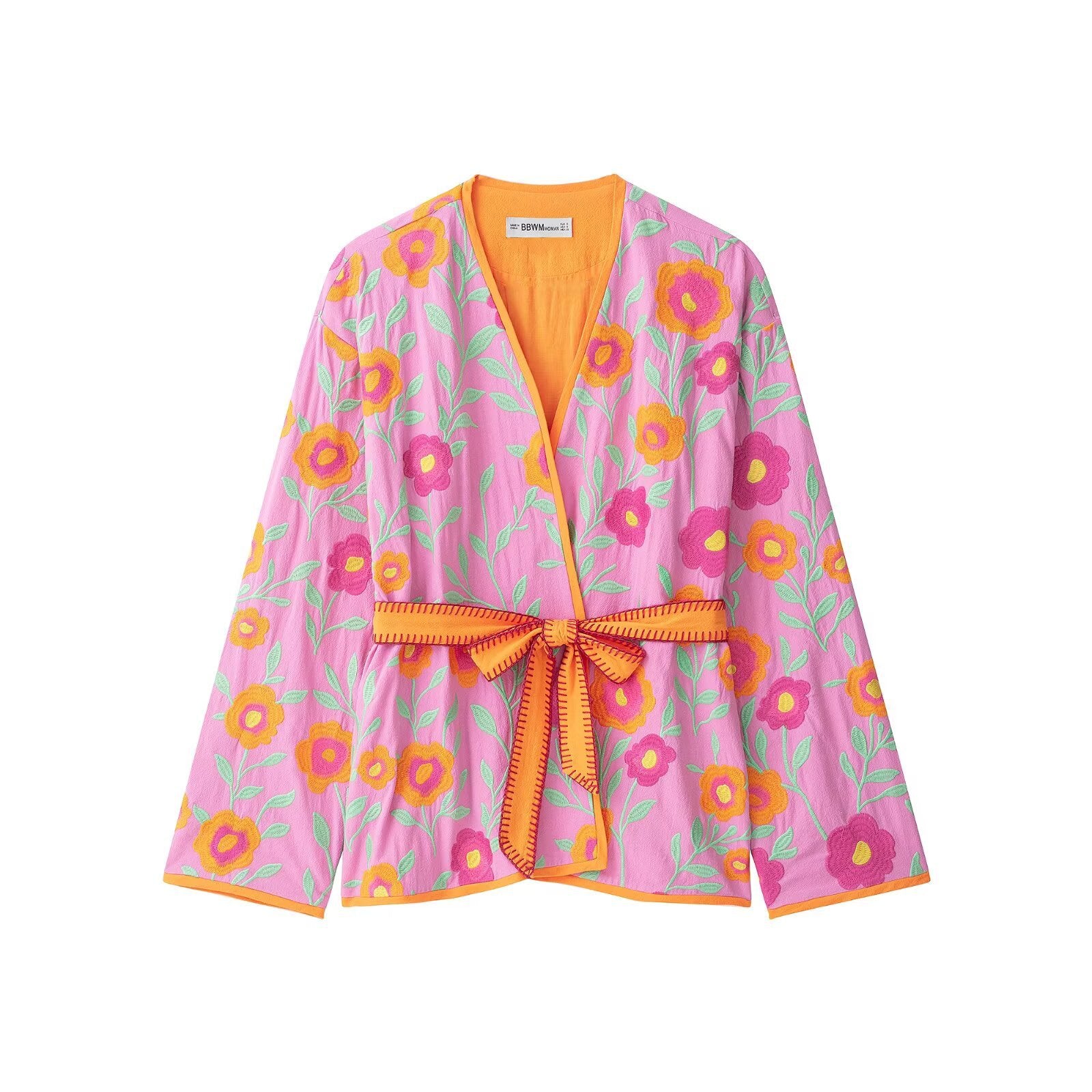 Women's Embroidered Kimono Jacket with Waist Tie Belt and Floral Embroidery Chichicherry
