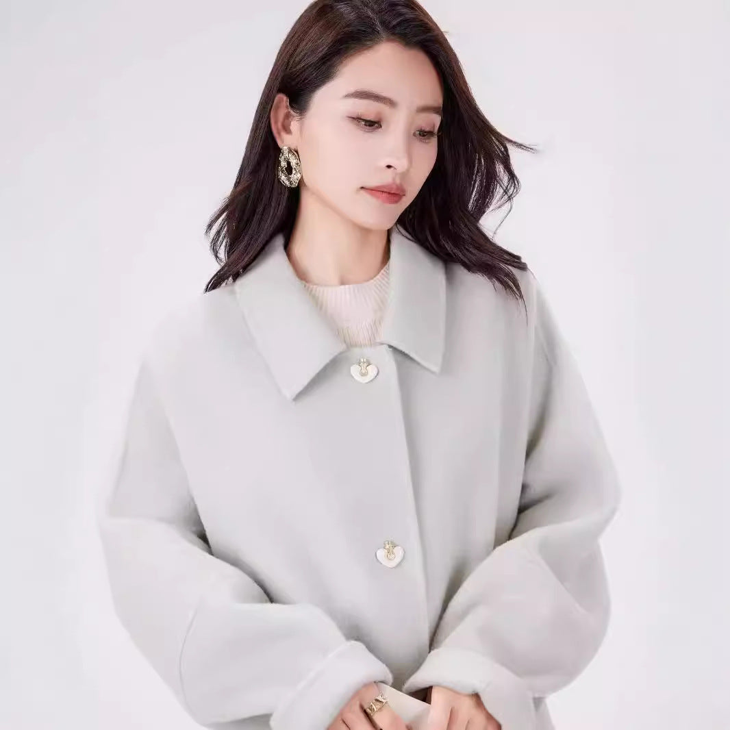 Women's Short Wool Blend Boxy Coat with Decorative Heart Buttons Chichicherry