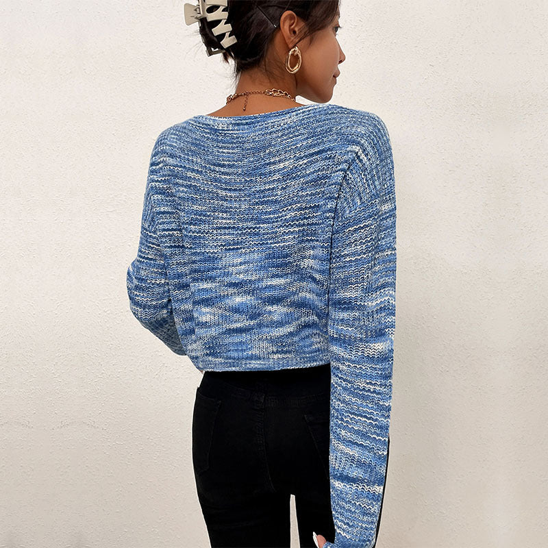 Women's Short Cut Off-Shoulder Knit Sweater with Melange Openwork Structure Chichicherry
