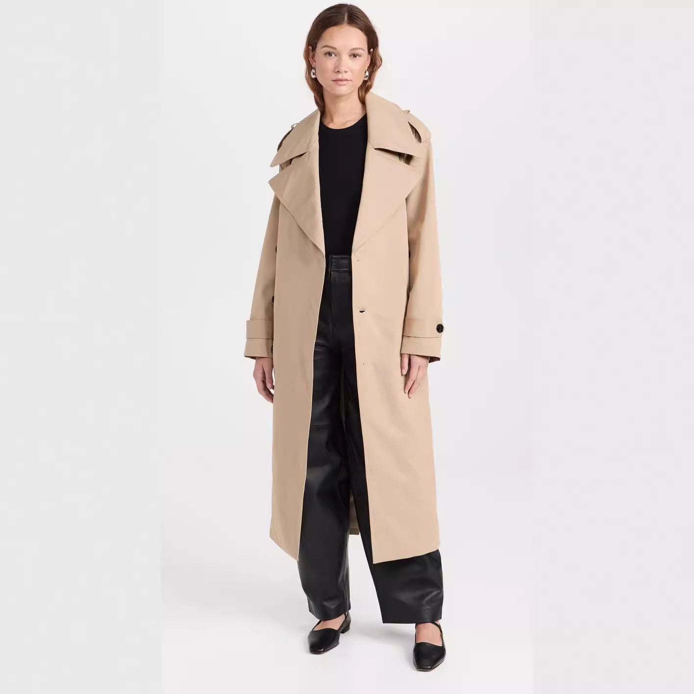 Women's Long Trench Coat made of Cotton Blend with Double-Breasted Button Placket, Waist Belt and Shoulder Flaps Chichicherry