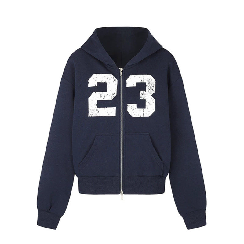 Women's Hooded Sweat Jacket in Retro Sports Style with Used Front Print and Kangaroo Pockets Chichicherry