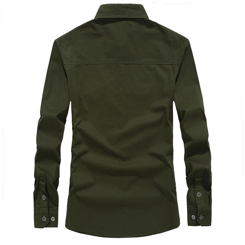 Men's Military-Utility Long Sleeve Canvas Shirt with Chest Flap Pockets and Shoulder Epaulettes Chichicherry
